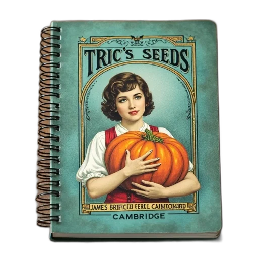 spiral, notebook, vintage, illustration, woman, holding, pumpkin, cover transparent PNG cut-out