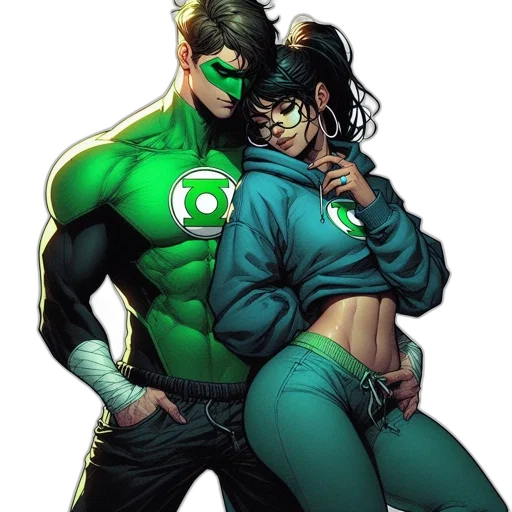jacket, comic book art, concept art, green, two, animated, characters, interact transparent PNG cut-out