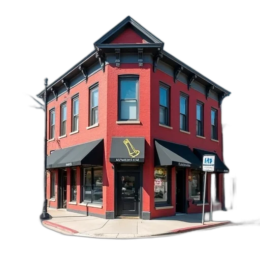 building, furniture, 3d render, photorealistic, city street, red, brick, black transparent PNG cut-out