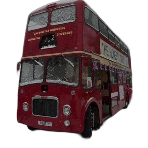 3d render, photorealistic, concept art, pixel art, snow, red, double-decker, bus transparent PNG cut-out