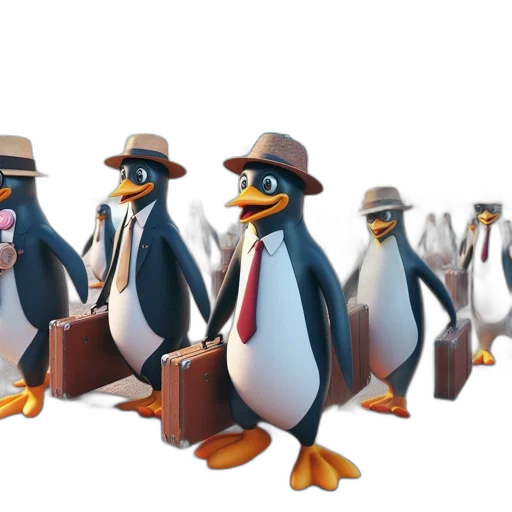 3d render, concept art, cartoon, penguins, formal, attire, suitcases, beach transparent PNG cut-out