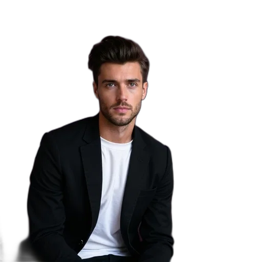jacket, face, staff, hair, photorealistic, concept art, man, styled transparent PNG cut-out