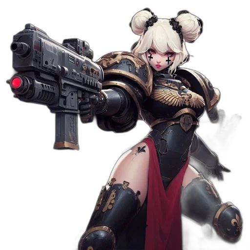 weapon, concept art, cyberpunk, fantasy art, pixel art, armored, woman, striking transparent PNG cut-out