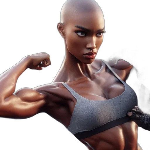 photorealistic, concept art, 3d render, comic book art, athletic, woman, bald-headed, muscular transparent PNG cut-out