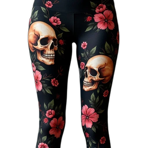 dark, pair, black, leggings, floral, pattern, featuring, skulls transparent PNG cut-out