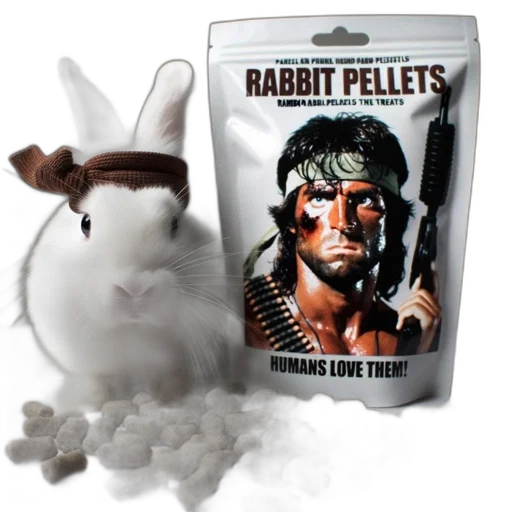 rabbit, wears, headband, near, box, labeled, pellets, containing transparent PNG cut-out