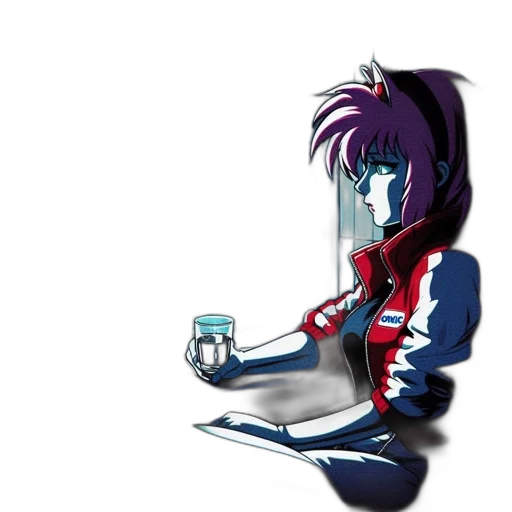 robot, staff, jacket, jewelry, anime, pixel art, vaporwave, cartoon transparent PNG cut-out
