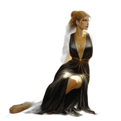 dress, jewelry, staff, concept art, fantasy art, photorealistic, pixel art, golden transparent PNG cut-out