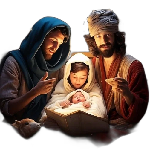 photorealistic, 3d render, nativity, scene, bearded, man, woman, baby transparent PNG cut-out