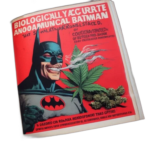 comic book art, illustration, batman, smoking, cannabis, leaf, features, prominently transparent PNG cut-out