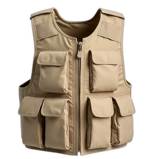 jacket, beige, bulletproof, vest, multiple, pockets, zipper, displayed transparent PNG cut-out