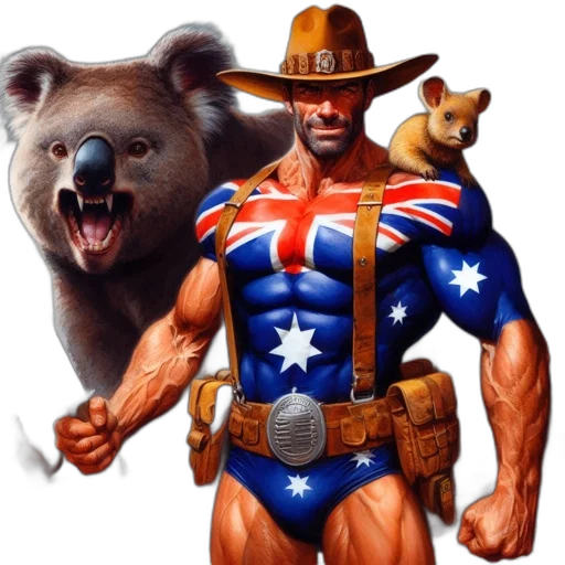 animal, concept art, muscular, man, australian, flag-themed, costume, holds transparent PNG cut-out