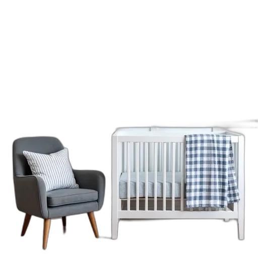 furniture, monochrome, earth tones, modern, white, crib, blue, checkered transparent PNG cut-out