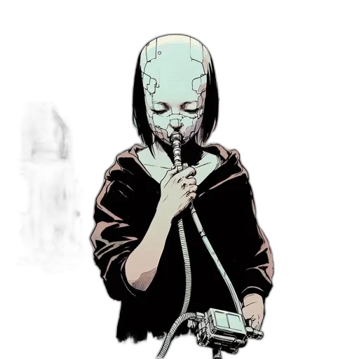 mask, staff, creature, jacket, comic book art, concept art, cyberpunk, cartoon transparent PNG cut-out