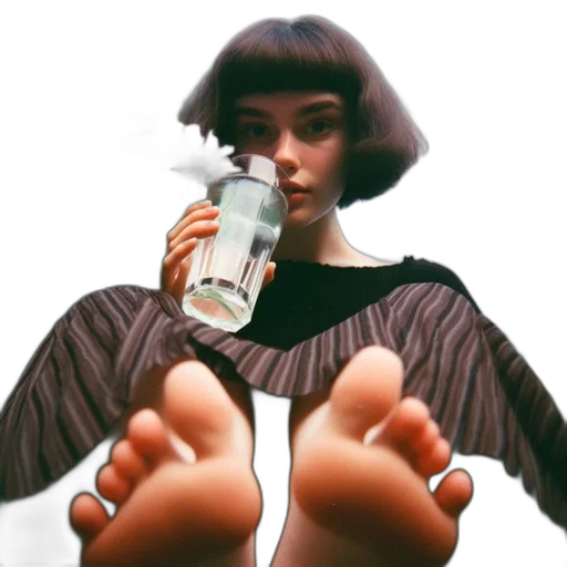 shoes, bottle, dress, photorealistic, 3d render, vaporwave, young, woman transparent PNG cut-out
