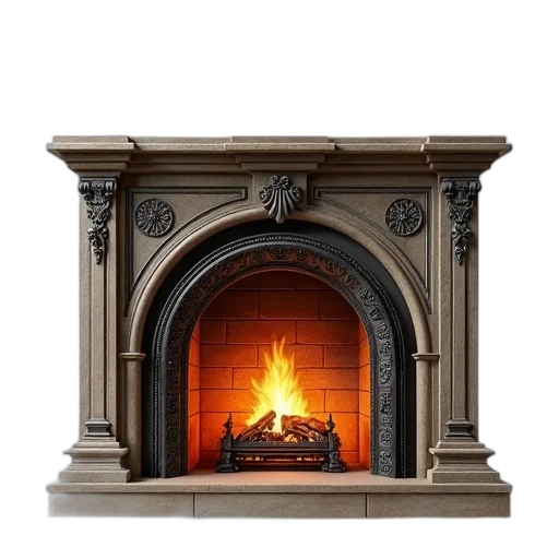furniture, photorealistic, 3d render, fire, traditional, stone, fireplace, lit transparent PNG cut-out