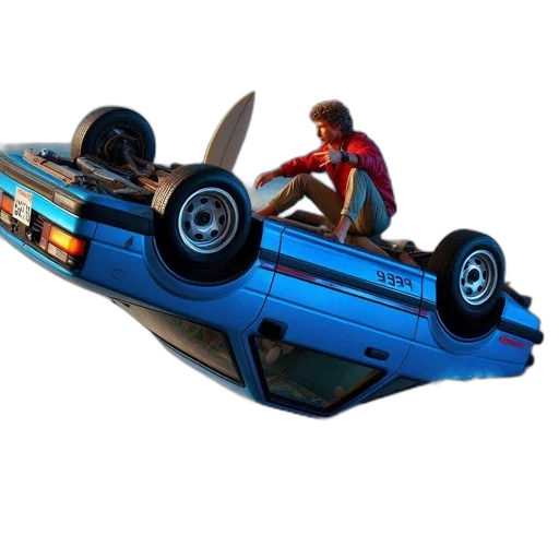 car, 3d render, concept art, vaporwave, photorealistic, man, sits, upside-down transparent PNG cut-out
