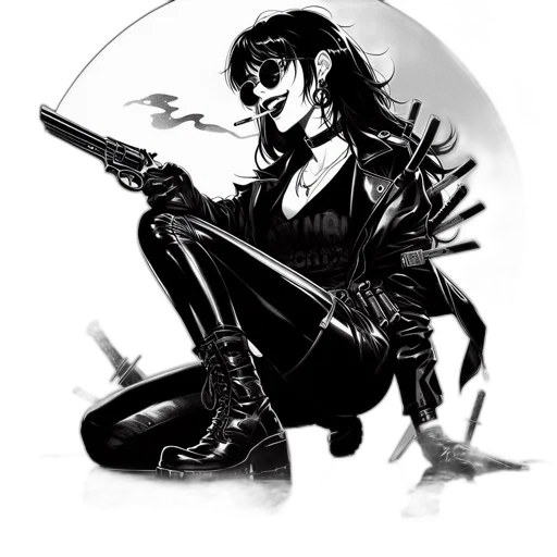 weapon, jacket, cyberpunk, comic book art, concept art, fantasy art, neon lights, monochrome transparent PNG cut-out