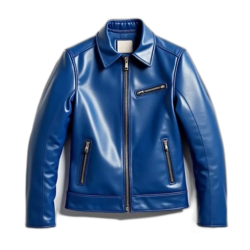 jacket, blue, leather, shiny, finish, zipper, down, front transparent PNG cut-out