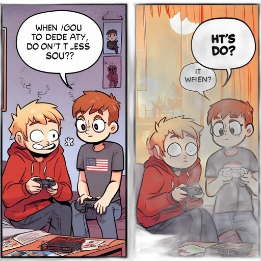 comic book art, concept art, fire, two, boys, chat, while, gaming transparent PNG cut-out