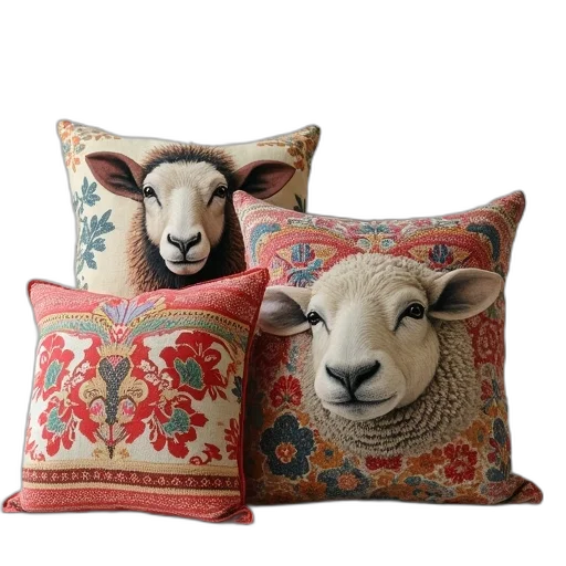 three, sheep, cushion, covers transparent PNG cut-out