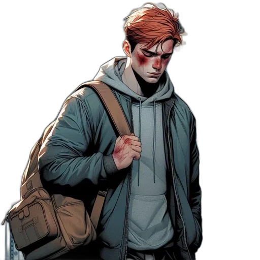jacket, comic book art, concept art, earth tones, red-haired, young, man, gray transparent PNG cut-out