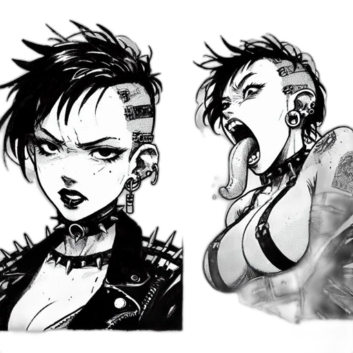 face, comic book art, cyberpunk, concept art, cartoon, monochrome, dark, two transparent PNG cut-out