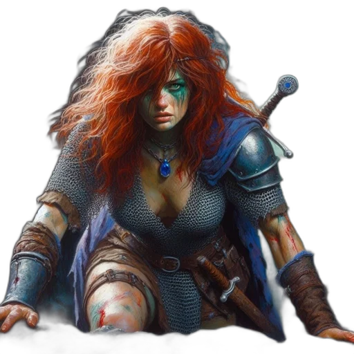 sword, fantasy art, concept art, comic book art, photorealistic, woman, red, hair transparent PNG cut-out