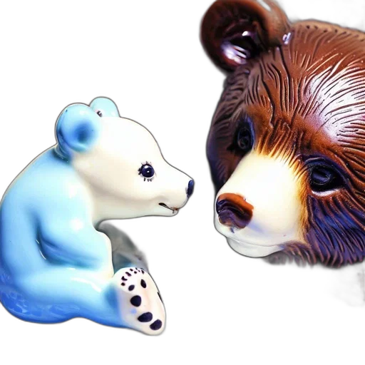 3d render, concept art, photorealistic, pixel art, two, contrasting, ceramic, bears transparent PNG cut-out