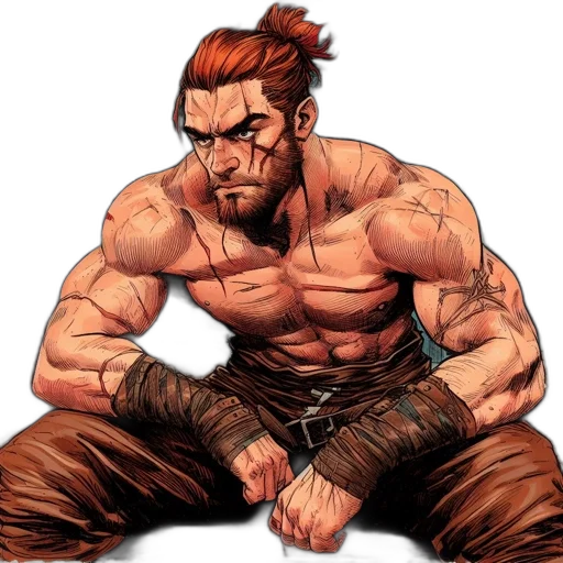 comic book art, concept art, pixel art, fantasy art, rugged, scarred, man, long transparent PNG cut-out