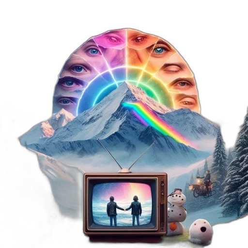 concept art, vaporwave, fantasy art, outer space, forest, snow, fire, colorful transparent PNG cut-out