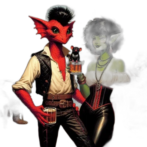 concept art, fantasy art, comic book art, pixel art, fire, red, tavern, red-skinned transparent PNG cut-out