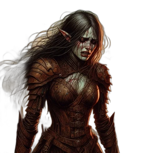 fantasy art, concept art, comic book art, photorealistic, dark, armored, woman, elf-like transparent PNG cut-out