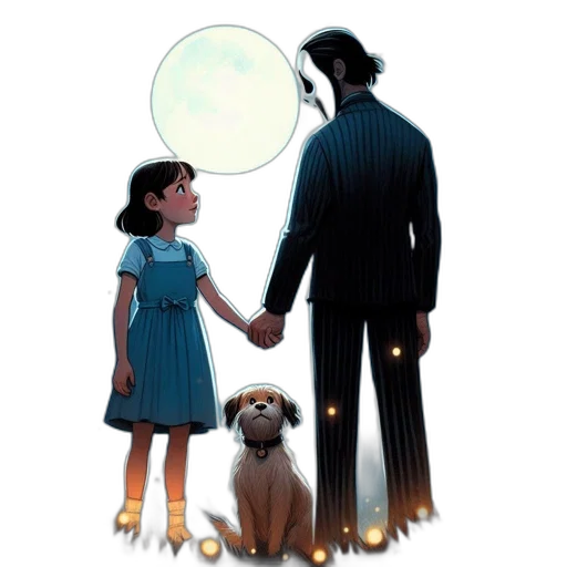 concept art, comic book art, serene, night, scene, forest, girl, dog transparent PNG cut-out