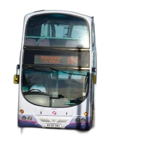 3d render, photorealistic, concept art, double-decker, bus, parked, stop, destination transparent PNG cut-out
