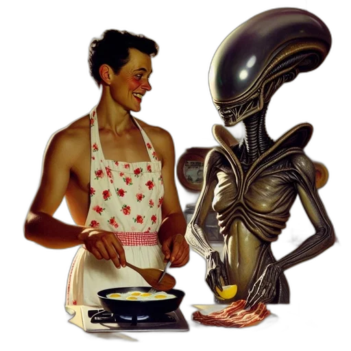 robot, creature, food, concept art, outer space, kitchen, scene, combines transparent PNG cut-out