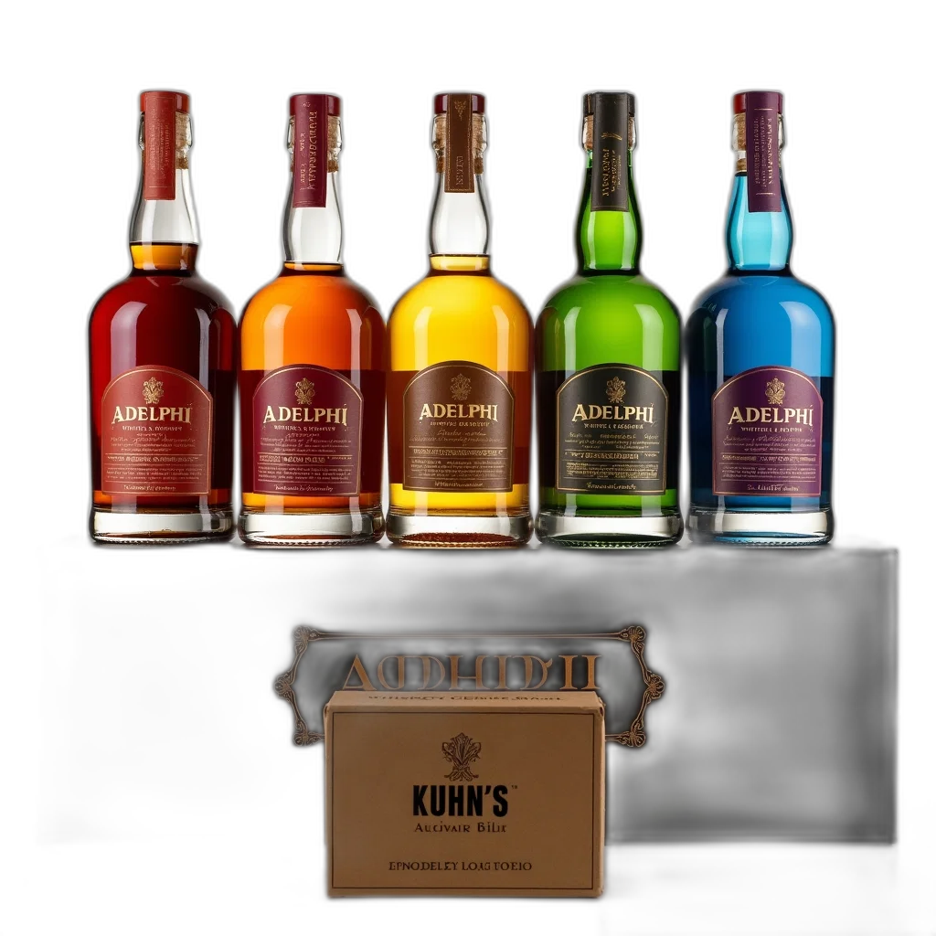 bottle, set, five, bottles, whiskey, displayed, black, box transparent PNG cut-out