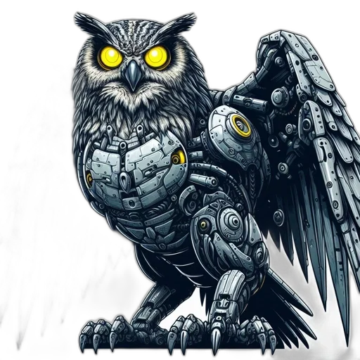 fantasy art, concept art, comic book art, pixel art, menacingly, beautiful, mechanized, owl transparent PNG cut-out