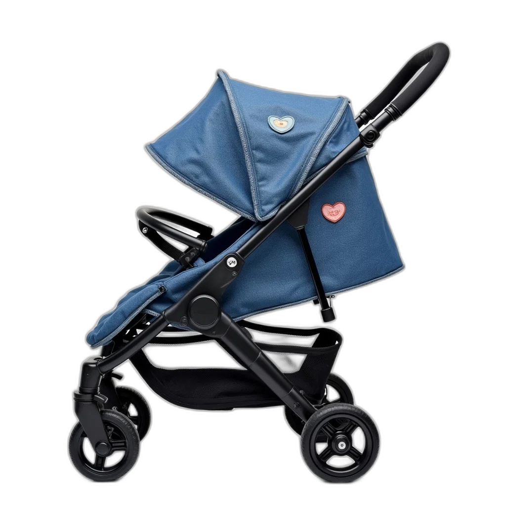 blue, denim, stroller, heart-shaped, patch, seat, black, wheels transparent PNG cut-out