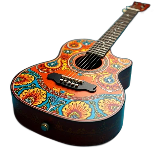 photorealistic, 3d render, colorful, hand-painted, guitar, intricate, patterns, designs transparent PNG cut-out