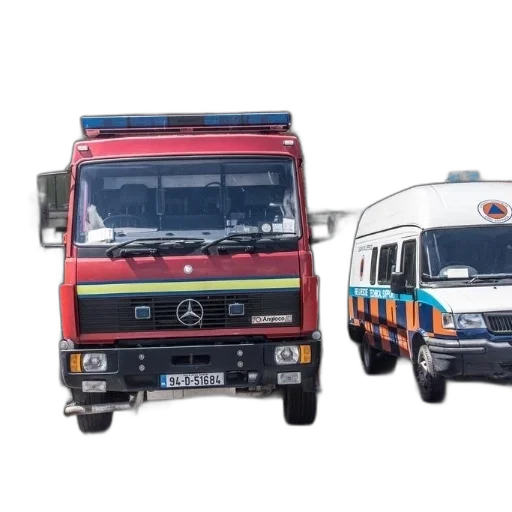 red, fire, truck, mercedes, logo, front, parked, next transparent PNG cut-out