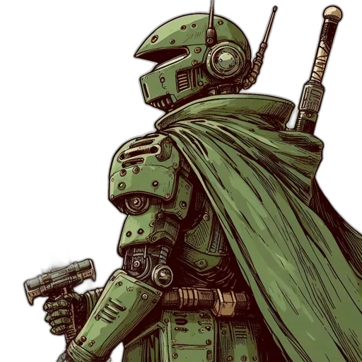 robot, weapon, comic book art, concept art, fantasy art, cyberpunk, green, earth tones transparent PNG cut-out
