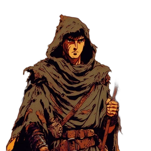 staff, jacket, sword, weapon, comic book art, concept art, fantasy art, pixel art transparent PNG cut-out