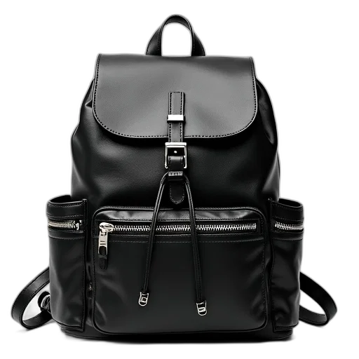 black, leather, backpack, front, zipper, pocket, side, featuring transparent PNG cut-out