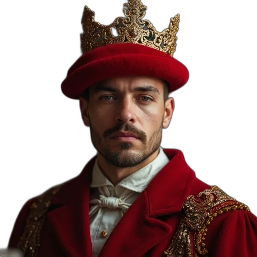 crown, hat, staff, face, photorealistic, man, wearing, red transparent PNG cut-out