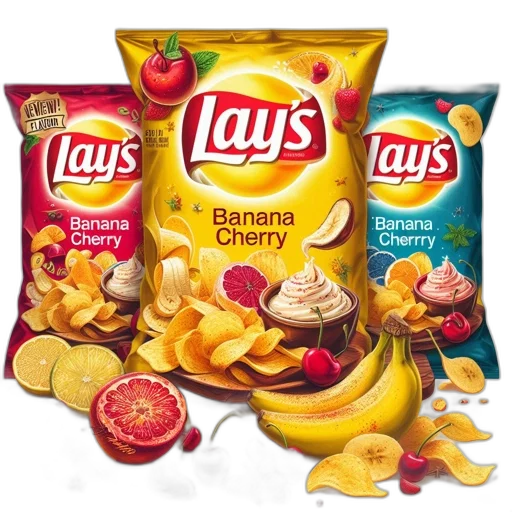 food, photorealistic, three, different, flavored, lay, potato, chip transparent PNG cut-out