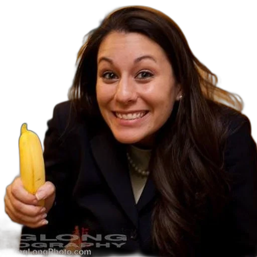 staff, weapon, face, food, woman, suit, holds, banana transparent PNG cut-out