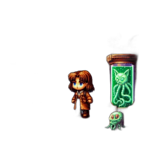 staff, bottle, creature, pixel art, concept art, fantasy art, 3d render, green transparent PNG cut-out