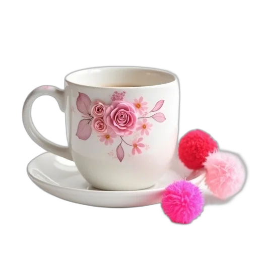 flower, jewelry, photorealistic, 3d render, white, ceramic, mug, pink transparent PNG cut-out