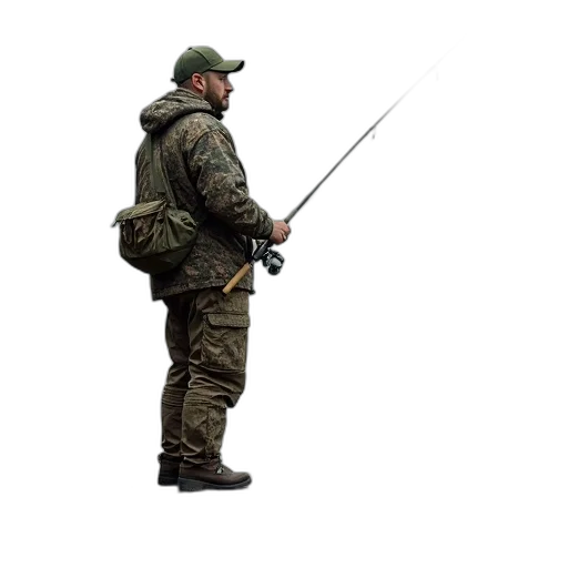 staff, jacket, weapon, animal, concept art, earth tones, man, camouflage transparent PNG cut-out